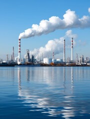 Obraz premium Oil refinery factory with smoke stacks emitting pollutants over water. Industrial landscape with chemical plant and its reflection on river.