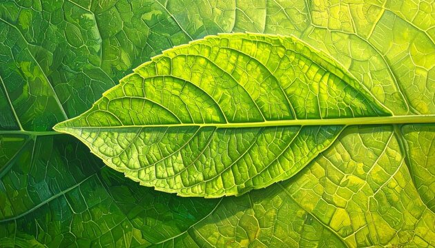 Close-up of green leaf with sunlight filtering through, highlighting intricate vein structure and single water droplet, blurred green-yellow background suggests natural outdoor setting and freshness.