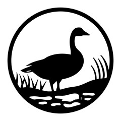 Silhouette of a Goose Standing in the Water with Reeds and Grass