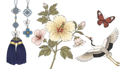 Ornate antique chinese embroidery featuring a crane butterfly floral motifs and tassels isolated on transparent background