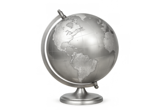 Silver metallic globe representing earth world geography