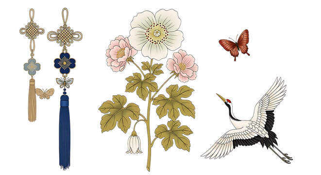 Traditional chinese decorative elements including a blooming peony tree branch crane and butterfly isolated on transparent background
