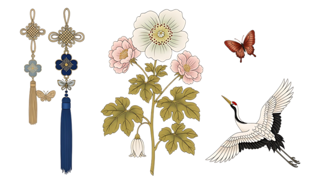 Traditional chinese decorative elements including a blooming peony tree branch crane and butterfly isolated on transparent background