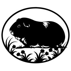 Guinea pig silhouette within a circle, standing among the grass and flowers