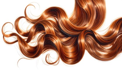 Close-up of flowing, shiny red hair with curls on a white background