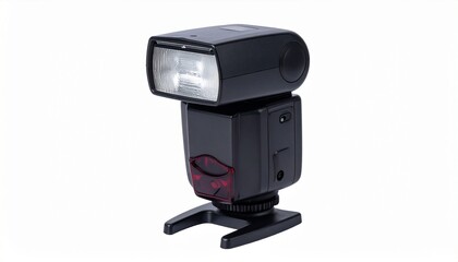 Camera flash unit (speedlight) with rectangular translucent flash head mounted on small stand, compact body with controls and power source, placed on flat surface for off-camera lighting in photograph