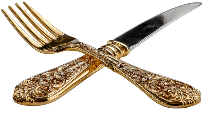 Very Beautiful Luxury Golden fork and knife crossed, isolated on Transparent background