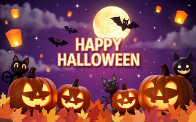 Fototapeta premium Happy halloween greeting with pumpkins, bats and glowing full moon