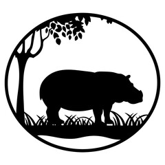 Black Silhouette of a Hippo Under a Tree in a Circular Frame
