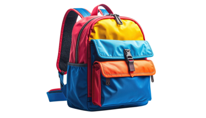 Colourful school backpack with multiple compartments and zippers, isolated on transparent background