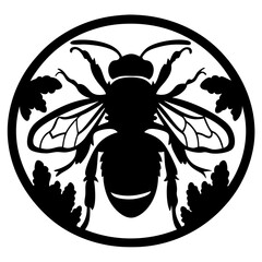 Monochrome image showing a stylized bee in a circular design frame