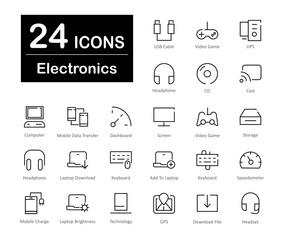 These are 24 beautiful small, pixel perfect electronics interface vector icons.