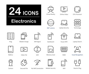 These are 24 beautiful small, pixel perfect electronics interface vector icons.