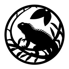 Monochrome Vector Image of an Iguana Perched on Branches Within a Circle