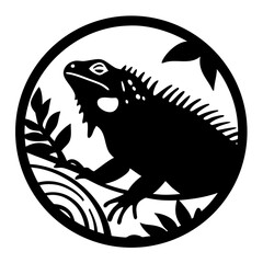 Stylized Black Iguana on Branch Inside of a Circle Graphic Image