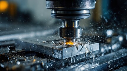 A High Resolution image of closeup of cnc milling machine cutting metal with sparks and coolant.