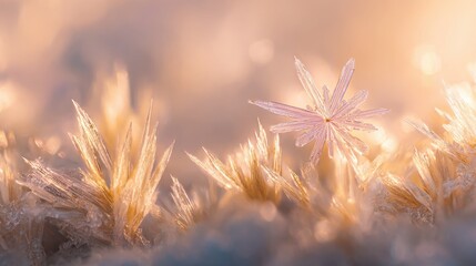 Beautiful Ice Crystal in Soft Light on Snow Background