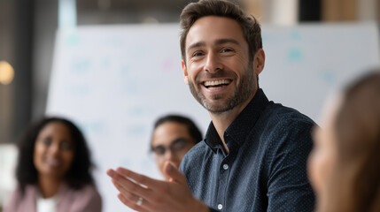 Businessman enthusiastically presenting and brainstorming strategic approaches and business solutions to female colleagues during collaborative meeting room session strategy