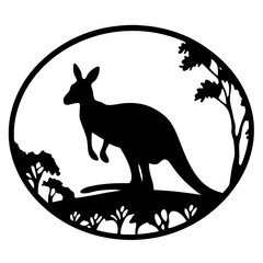 Elegant Kangaroo Silhouette in Natural Landscape with Trees in a Circle Frame
