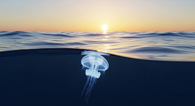 Sunset over the ocean with a jellyfish glowing underwater
