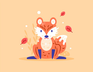 Illustration of a cute, adorable, and red fox. Fox under fallen leaves and snowflakes. Animals and seasons. Autumn elements. Decoration or ornament. Flat style design. Orange background.