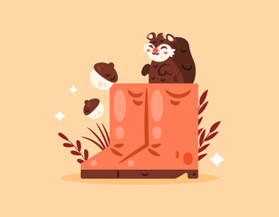 Illustration of a pair of shoes, a cute squirrel, an acorn, and grass. A squirrel in a shoe. Autumn elements. Decoration or ornament. Flat style design. Orange background.