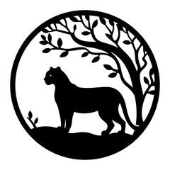 Obraz premium Silhouette of a Powerful Panther Beneath a Sprawling Tree, Encased in a Circle