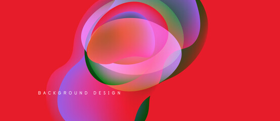 Abstract fluid shapes overlap, creating vibrant color gradients. Red background emphasizes dynamic composition, modern design elements present.