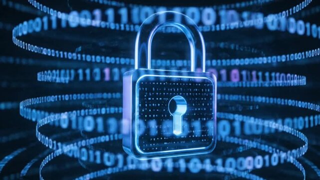 A stylized video of a digital padlock surrounded by flowing binary code and data streams.