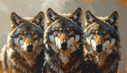 Close-up of three majestic wolves looking at the viewer in portrait