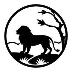 Majestic Lion Silhouette in Circle Frame with Tree in the Background