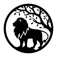 Lion and tree in a circle, vector design in black and white