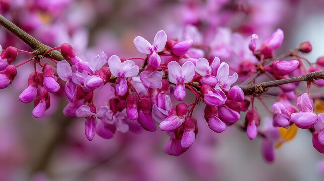A High Resolution image of close up of eastern redbud flowers blooming in springtime season.