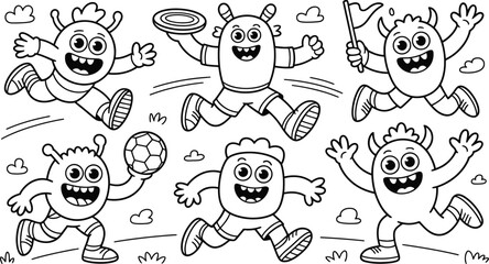 Fototapeta premium Collection of six cute cartoon monsters playing sports like soccer and frisbee, running and jumping, in a playful style