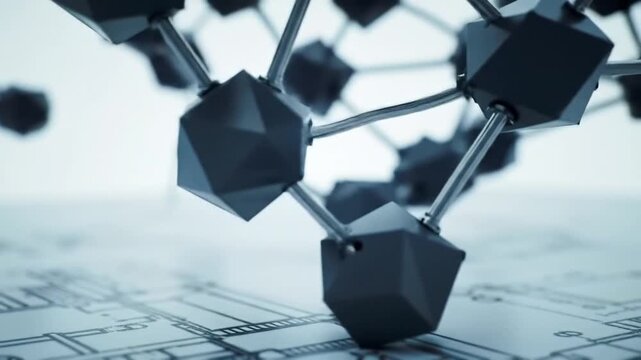 Black Polyhedral Molecular Structure over White Blueprint Illustration