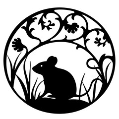 Silhouette of a Mouse in a Circular Meadow with Plants and Flowers