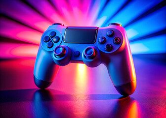 Closeup of a video game controller with vibrant neon pink and blue lighting, creating a futuristic atmosphere