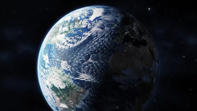 This is an animated video of the earth from outer space appearing to rotate with details of clouds, oceans and continents, suitable for use in news content videos, astronomy, geology, geography, space