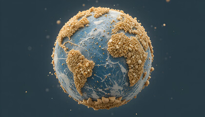 A stylized 3d rendering of planet earth, covered in textured, sandy continents and swirling blue oceans, floating in a dark, cosmic void