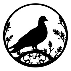 Elegant Silhouette of a Pigeon Perched Amidst Stylized Foliage Design