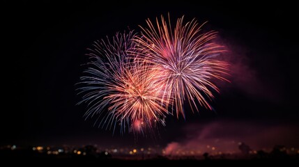 A High Resolution image of fireworks explode in the night sky during a celebration event.