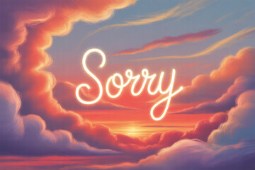 Express heartfelt apologies with this glowing 'Sorry' message set against a breathtaking sunset sky, evoking warmth and sincere regret for any situation.