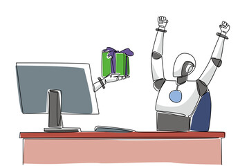 Single continuous line drawing hand of robot out of monitor screen while holding gift box. Always entertaining with various surprises. AI. Tech. Things from Screen. One line design vector illustration