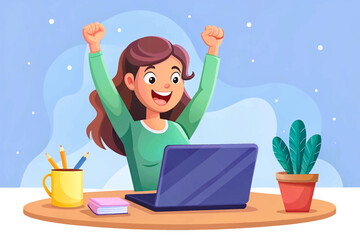 Joyful young female professional working on a laptop at a desk, cheering her accomplishment, created in detailed vector style, ideal for stock images, digital work, business success, technology theme