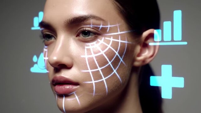 Fair Skinned Woman with Digital Data Visualization on Face