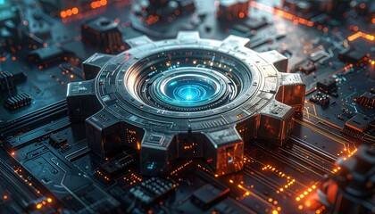 Futuristic Gear Wheel Design on Circuit Board with Glowing Effects
