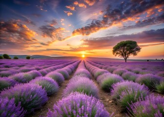 Fototapeta premium Lavender field at sunset with a lone tree and dramatic sky