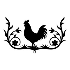 Elegant black silhouette of a rooster surrounded by floral ornamentation design