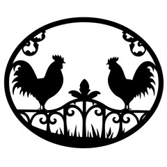 Black and White Roosters on a Ornate Oval Fence Silhouette Design