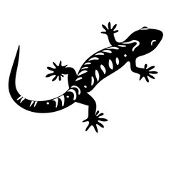 Black silhouette of a gecko with white abstract markings on white background